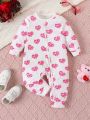Baby Girls' Heart Print Casual Jumpsuit For Spring And Summer