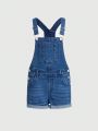 Girls' Basic Daily Casual Mid-Blue Washed Rolled Hem Elastic Slim Denim Suspender Shorts