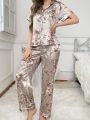 Silk-Like Flower Print Notched Collar Pajama Set