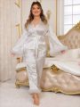 Plus Size Women's Bell Sleeve Top And Pants Pajamas Set