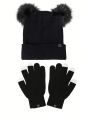 Prismatic Plum Fashion Label Double Pom Pom Knit Hat And Touch Screen Half Finger Gloves