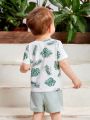SHEIN Baby Boys' Casual Holiday Leaf Print Short Sleeve Comfortable T-Shirt With Elastic Waist Shorts Set