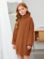SHEIN Girls' Knitted Solid Color High Neck Loose Fit Casual Dress