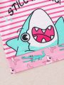 SHEIN Kids Nujoom Toddler Girls' Pink Cute Shark Pattern Striped Short Sleeve & Shorts 4-Piece Home Wear Set