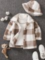 SHEIN Kids EVRYDAY Young Boy Buffalo Plaid Pattern Teddy Coat & Hat Without Sweater