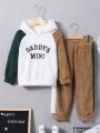 SHEIN Kids EVRYDAY Young Boy Letter Embroidery Raglan Sleeve Two Tone Teddy Hoodie & Pants