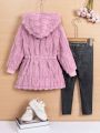 SHEIN Kids EVRYDAY Girls Casual Heart-To-Heart Furry Waisted Mid-Length Jacket And Imitation Denim Leggings