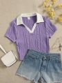 SHEIN Teen Girls' Color Block Knitted Casual Short Sleeve T-Shirt