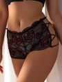 SHEIN 1pc Cross-Cross Hollow Out Lace Triangle Panties With Floral Decoration On The Sides