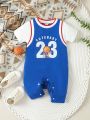 Baby Boy'S Basketball Printed Short Romper With Number And Letter Pattern