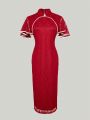 Teenage Girls' Casual & Elegant & Cute Chinese Qipao Dress In Festive Red For Spring Festival