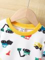 Baby Boys' Truck & Excavator Pattern Printed Top With Ripped Jeans Outfit Set