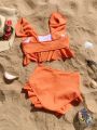 Ruffled Ribbed Knit Bikini Swimsuit Set