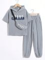 SHEIN Kids EVRYDAY 3pcs/Set Tween Boys' Casual Hooded Letter Print T-Shirt, Jogger Pants And Waist Bag Set