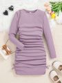 SHEIN Tween Girls' Street Style Knit Solid Color Off Shoulder Long Sleeve Casual Dress