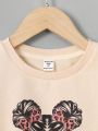 SHEIN Little Girls' Loose Fit Casual Thanksgiving Printed Teddy Sleeves Sweater With Color Block Design