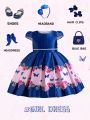 Young Girl's Butterfly & Floral Pattern Colorblock Pleated Princess Dress
