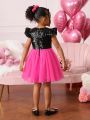 SHEIN Little Girls' Sweet And Cool Flying Sleeve Dress With Mesh And Glitter Accents For Daily Wear