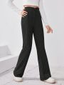SHEIN Teenager Knit Fleece Jogger Pants With Waist Tie And Flared Hem Design