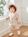 SHEIN Baby Boy Gentleman Style Collared Cardigan With Buttons And Solid Color Casual Shorts Set