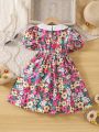 SHEIN Kids FANZEY Little Girls' Colorful Floral Printed Peter Pan Collar Bubble Sleeve Dress