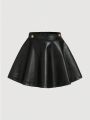 SHEIN Kids SUNSHNE Little Girls' Woven Pure Color Loose Fit Faux Leather Casual Holiday Skirt