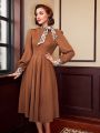 SHEIN DECDS Women's Vintage Elegant Plaid Patchwork Collared Belted Long Sleeve Dress