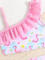 Young Girls' Flamingo Print Asymmetrical Neck Ruffle Hem Two-Piece Swimsuit
