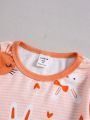 Toddler Girls' Round Neck Striped Rabbit Printed Pajamas Set