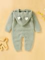 Baby Boy Cable Knit Raglan Sleeve 3D Ear Patched Hooded Button Front Knit Jumpsuit
