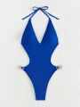 SHEIN Swim SXY One-Piece Swimsuit With Rhinestone Decor And Open Back Design