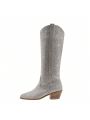 Women's Over The Knee Denim Boots With Rhinestones, Thick Heel Cowboy Style, Ideal For Parties, Match With Dress, Silver Color