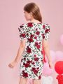 SHEIN Kids CHARMNG Tween Girls' Knitted Floral Sweetheart Collar Integrated Romantic Dress