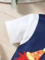 Baby Boys' Fashionable Cartoon Slogan Printing Spliced Long Sleeved Jumpsuit