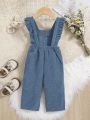 SHEIN Baby Girls' Leisure Solid Corduroy Ruffle Trimmed Jumpsuit, Middle Thickness
