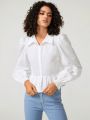 Jenny Gyn Solid Button Front Shirred Back Shirt