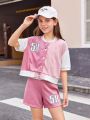 SHEIN Kids EVRYDAY Big Girls' Knitted Color Block Loose Short-Sleeved Baseball Collar Top + Knitted Letter Print Loose Shorts Two-Piece Set