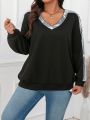 SHEIN Essnce Plus Size Women's Sequin Patchwork V-neck Sweatshirt