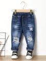 Little Girls' Casual Deep Blue Washed Ripped Jeans