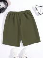 SHEIN Kids EVRYDAY Boys' Casual Solid Color Letter Applique Knee-length Straight Knitted Shorts