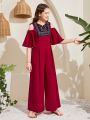 SHEIN Teen Girl's Embroidered Jumpsuit With Off-Shoulder Design And Wide Leg In Solid Color And Patchwork