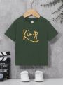 SHEIN Kids EVRYDAY Young Boy's Casual Comfortable Crown & Letter Printed Short Sleeve T-Shirt