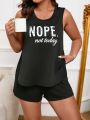 Women's Plus Size Side Split Letter Print Tank Top And Shorts Pajama Set For Casual Wear