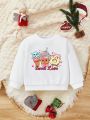 Baby Girls' Casual Cartoon Pattern Long Sleeve Round Neck Sweatshirt, Suitable For Autumn And Winter
