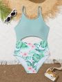 Tween Girls' Floral & Plant Print Cut Out One Piece Swimsuit