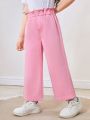 SHEIN Young Girl's Comfortable Washed Denim Pants With Ruffle Elastic Waistband