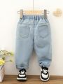 Baby Girls' Casual Cute Floral Doodle Light Blue Washed Soft Denim Straight Leg Jeans