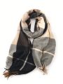 1pc Women's Plus Size Plaid Cashmere-like Warm Fringed Scarf Shawl, Suitable For Daily Wear