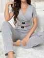 Women's Solid Color Ribbed Knitted Pajama Set With Patch Detail