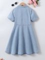 Tween Girl's Casual College Style Light Blue Washed Denim Shirt Dress With Lapel Collar